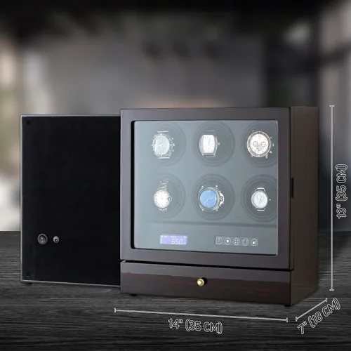 Vista 7 de Enrollador de reloj para relojes automáticos con cajón de almacenamiento, luz LED, pantalla LCD y control remoto (ébano + negro), Ébano + Negro