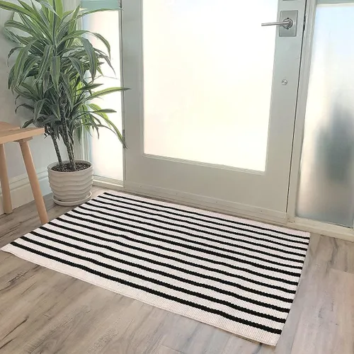 Vista 8 de LEEVAN Alfombra de capas de 2 x 3 para porche delantero, pequeño, a rayas Negro y crema