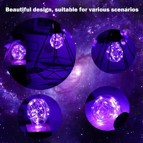 Vista 4 de Bombilla decorativa morada, bombillas LED de hadas moradas de 2 W, bombillas lindas equivalentes a 15 W para lámparas colgantes, recámara, sala