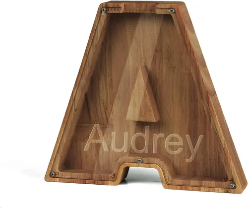 Vista 8 de Alcancía con nombre personalizado, 26 letras láser con texto personalizado, banco de monedas de madera, significado educativo, alcancía con nombre