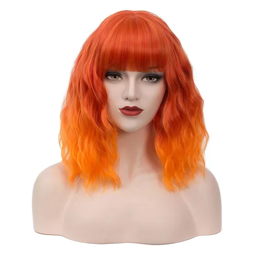 Vista 20 de BUFASHION Peluca rizada corta ondulada de 14 pulgadas para mujer, peluca sintética para cosplay, Halloween, peluca con flequillo lateral (negro)