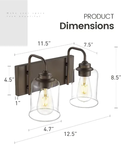 Vista 5 de zeyu Accesorios de Iluminación para Baño en Bronce Aceitado, Lámpara de Tocador de Baño de 2 Luces, Apliques de Pared Estilo Granja de 12.5 Pulgadas