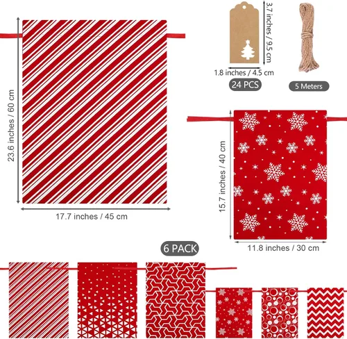 Vista 2 de MIMIND 6 bolsas de regalo de Navidad con cordón, tela de algodón rojo y blanco, bolsas de regalo de Navidad, bolsas reutilizables para fiestas