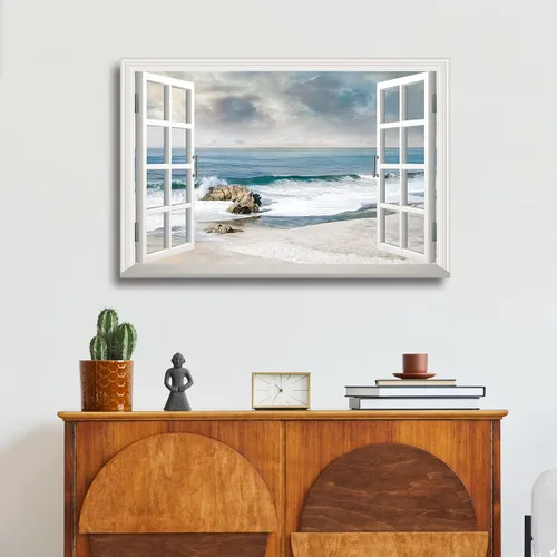 Vista 4 de Renditions Gallery Impresiones de pared de naturaleza para decoración de ventana para el hogar Inundado en la playa de arena, lienzo colgante