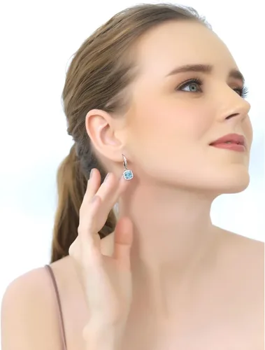 Vista 3 de Aretes para mujer, aretes de piedra natal, aretes de piedras preciosas genuinas o sintéticas, aretes de halo, aretes colgantes, aretes delicados