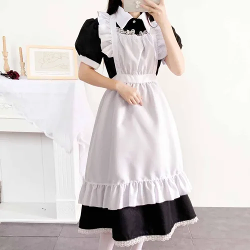 Vista 5 de Vestidos de sirvienta francesa para mujer, talla grande, anime, cosplay, fiesta, uniforme de juego de rol, trajes de lolita, delantal, vestido