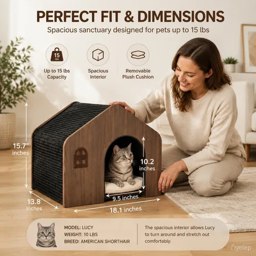 Vista 5 de Moderna casa de madera para gatos para interiores, cama tipo cueva cerrada de grado E0 con cojín lavable, muebles ecológicos no tóxicos