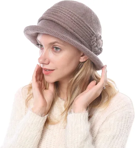 Vista 37 de C-US - Gorro de punto cálido para mujer, con visera de ganchillo con acento de flores