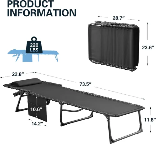 Vista 3 de Greesum Chaise Lounge Silla de bronceado plegable con respaldo ajustable de 5 posiciones, almohada desmontable y bolsillo exterior para piscina Negro