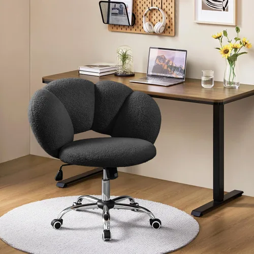 Vista 2 de Yaheetech - Silla de escritorio tapizada Boucle con forma de nube, silla de tocador ajustable para oficina en casa, computadora con ruedas para sala