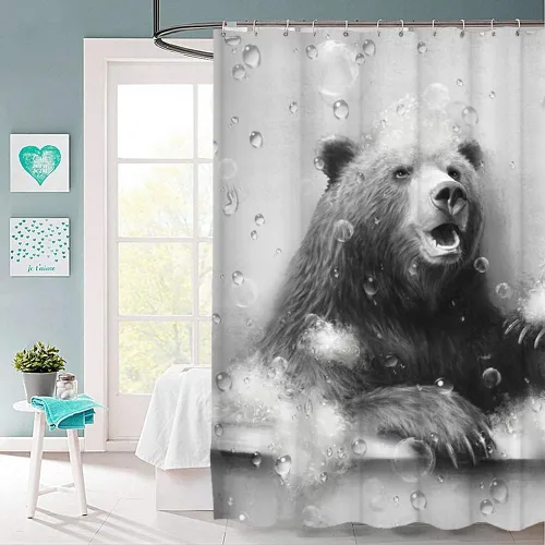 Vista 2 de KREATIVE ARTS Cortina de ducha con diseño de osos divertidos animales, decoración de bañera, casa de campo en blanco y negro, 72 pulgadas de ancho