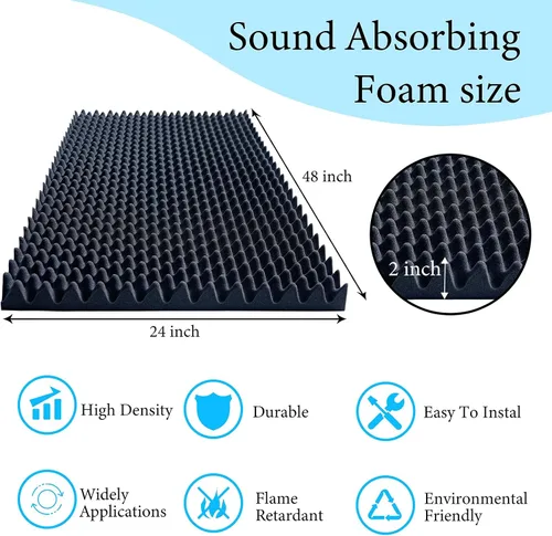 Vista 2 de Paneles de espuma amortiguadores de sonido, 1 paquete de espuma de alta densidad de 48 x 24 x 2 pulgadas, paneles de pared acústicos para reducción