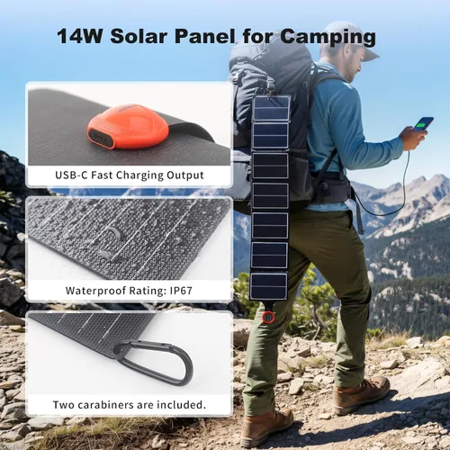 Vista 5 de EYONGPV Panel solar plegable portátil de 14 W y cargador solar con salida USB-C Croc-Eye, cargador solar compacto impermeable IP67 para teléfonos