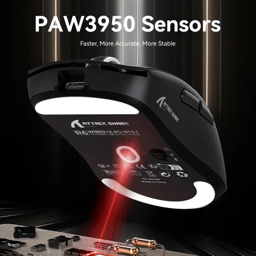 Vista 8 de ATTACK SHARK R6 - Ratón inalámbrico para juegos, 38G ultra ligero modo de viaje 2.4G/USB-C/Bluetooth para juegos con sensor PAW3950MAX, 42000 DPI