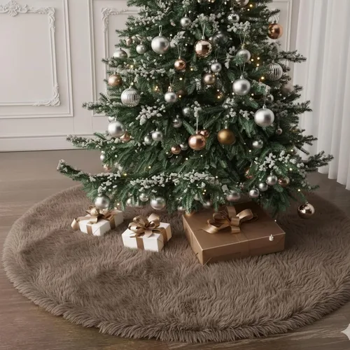 Vista 19 de Faldones de Felpa para Árbol de Navidad, 24 pulgadas, Lujosa Cubierta de Base de Árbol de Navidad de Piel Sintética Negra con Copos de Nieve Dorados