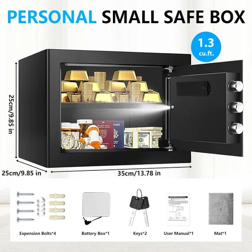 Vista 4 de Caja de documentos pequeña de 1.3 Cub para el hogar, seguridad para el hogar, resistente al agua y al fuego con teclado digital, llaves de repuesto