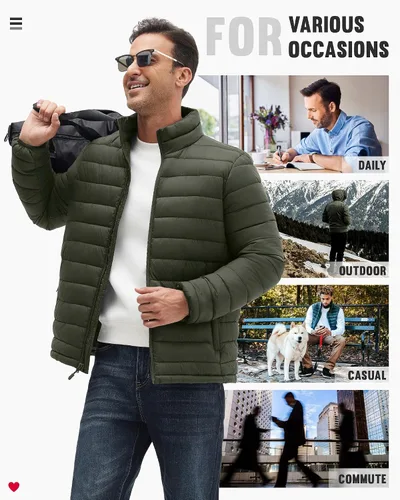 Vista 6 de WHN Chaqueta acolchada para hombre, ligera, impermeable, resistente al viento, cuello alto, con cremallera completa, con 3 bolsillos