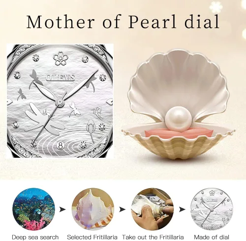 Vista 3 de OLEVS Relojes automáticos para mujer, mecánico, esfera de corazón, esfera de corazón, oro rosa, banda de cerámica, impermeable, luminoso, fecha