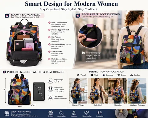 Vista 2 de Mochila para mujer, impermeable, antirrobo, bolsa de viaje, estiloA , L, Mochila Colorido