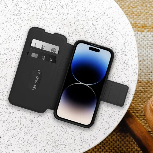 Vista 5 de OtterBox Funda para iPhone 14 Pro (solamente) Strada Series - Shadow (negro), tarjetero, piel auténtica, apta para bolsillo, funda tipo folio