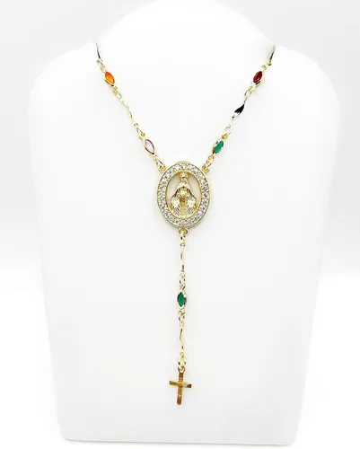 Vista 4 de Rosario Lariat Y Collar Delicado Cruz Colorida Cadena De Cristal
