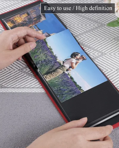 Vista 7 de Álbum de fotos pequeño de 4 x 6 pulgadas, paquete de 2 unidades con capacidad para 56 imágenes, cubierta de lino con ventana frontal, bolsillo