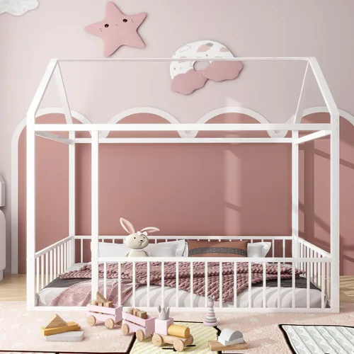 Vista 19 de Cama juguetona en forma de casa de tamaño matrimonial con estantes y luces, marco de cama de metal con techo para niños, adolescentes y adultos, un