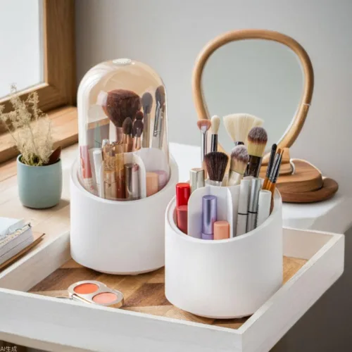 Vista 2 de Fantasee Organizador de brochas de maquillaje giratorio de 360°, almacenamiento de 7 compartimentos con cubierta transparente a prueba de polvo