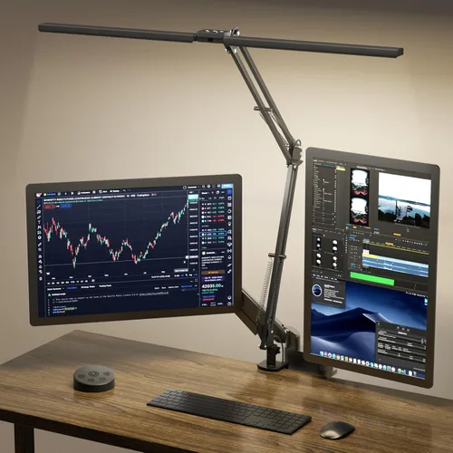 Vista 7 de SKYLEO Lámpara LED de escritorio con abrazadera, luz de escritorio de doble cabezal con control remoto y táctil, protección ocular, 12 W, 5 modos