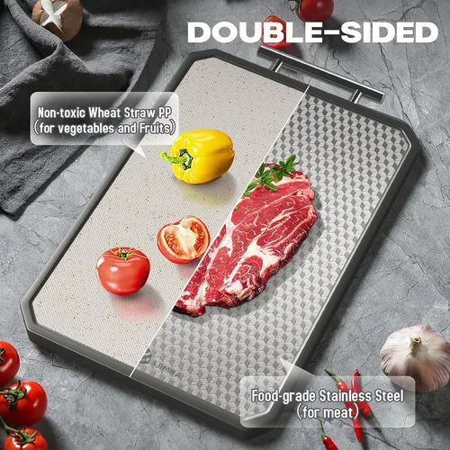 Vista 3 de Tabla de cortar de acero inoxidable Tabla de cortar de doble cara con mango antideslizante para cocina con diseño de malla antiarañazos Tabla