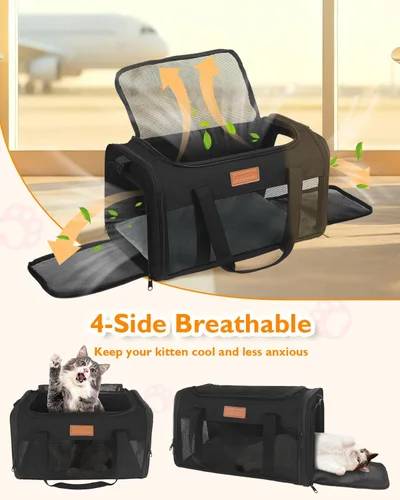 Vista 5 de PETUX - Transportador de mascotas aprobado por aerolíneas para gatos pequeños de hasta 12 libras, color negro 17x11x9.5 in, Underseat, Top & Side