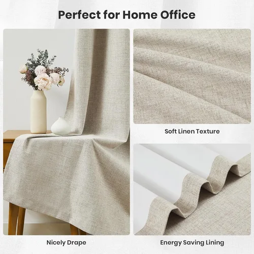 Vista 5 de Cortinas opacas de lino beige Melodieux de 63 pulgadas de largo para dormitorio, sala de estar, 100% cortinas con ojales para bloquear la luz