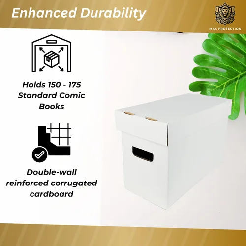 Vista 5 de Max Protection Cajas de almacenamiento de cómics, paquete de 1, cartón corto para 150 a 175 cómics, diseño de doble grosor, caja apilable de alta