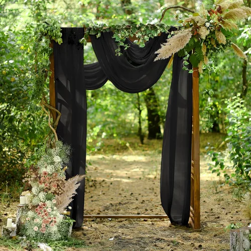 Vista 5 de PARTISKY Cortinas de telón de fondo de gasa negra de 10 x 7 pies, cortinas de fotos de tela transparente sin arrugas para boda, ceremonia, arco