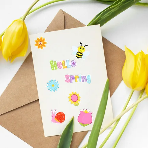 Vista 5 de Whaline 360 calcomanías de espuma de primavera, diseño de flores de dibujos animados, mariposa, abeja, 20 diseños, Hello Spring, autoadhesivas