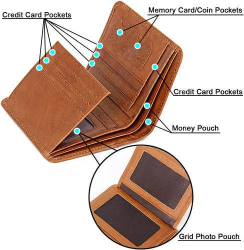 Vista 4 de Billetera corta de cuero genuino de alta capacidad para hombre bloqueo RFID multifuncional elegante delgada para fotos y tarjetas de crédito masones