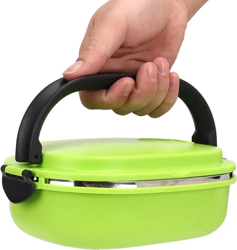 Vista 3 de Lonchera con aislamiento de acero inoxidable, contenedor de alimentos para picnic al aire libre, cuadrado verde, doble capa (1 nivel)