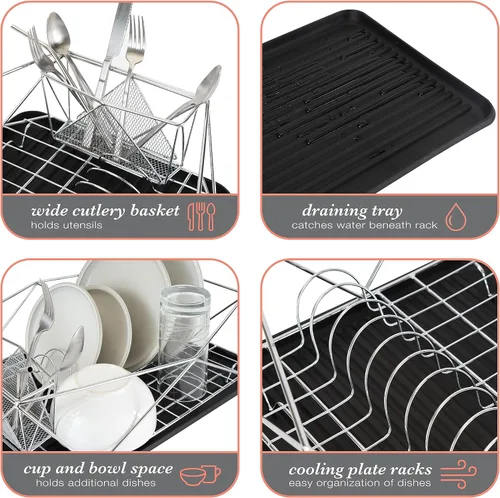 Vista 5 de Kitchen Details Geode Deluxe - Escurridor de platos con tabla de drenaje, cesta para cubiertos, soporte para utensilios, marco de hierro, cromado
