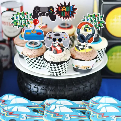 Vista 4 de 36 piezas de decoraciones para cupcakes de videojuegos ensambladas, controladores Game On, palillos para cupcakes, decoraciones de pastel GamePad