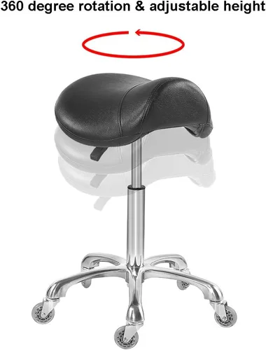 Vista 7 de Antlu Silla de Sillín para Clínica de Masaje, Spa, Salón, Corte, Silla Giratoria con Ruedas, Altura Ajustable (Negro)