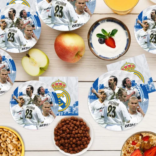 Vista 5 de 40 piezas de suministros para fiesta de cumpleaños del Real Madrid incluyen 20 platos, 20 servilletas para la decoración de la fiesta del Real Madrid