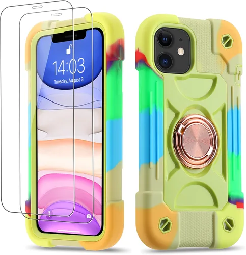 Vista 64 de Funda para iPhone 11 de 6.1 pulgadas con soporte de anillo, con 2 protectores de pantalla de vidrio, resistente a los golpes, resistente a