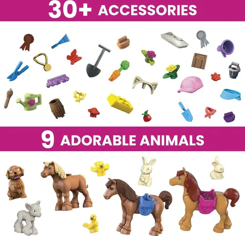 Vista 5 de MEGA Barbie Pets - Juego de construcción de caballos con 3 micromuñecas y accesorios, 9 mascotas, juego de establos de caballos fácil de construir