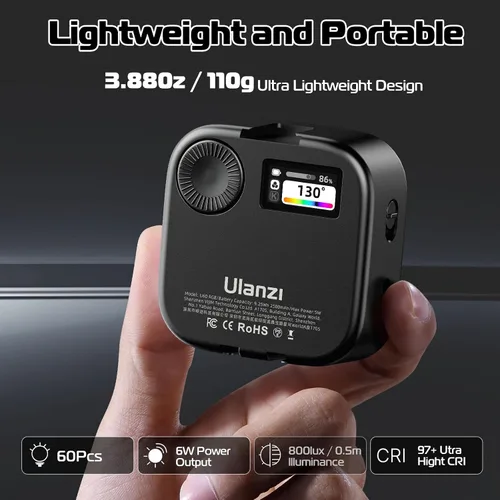 Vista 3 de Ulanzi U60 RGB Clip en luz de video, CRI≥95 2500-9000K regulable con zapata fría Negro