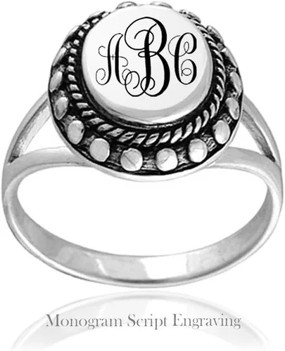Vista 3 de Anillo de sello ovalado de plata de ley 925 con monograma de halo con cuentas para mujeres adolescentes