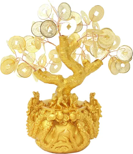 Vista 2 de Árbol de monedas de fortuna de oro de Feng Shui de 7 pulgadas en Dragon Pot Bonsái Decoración para el hogar Riqueza bendición regalo (D13455)