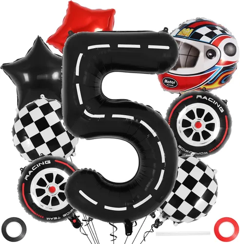 Vista 8 de Globos de cumpleaños de auto de carreras, globo número 0 de carrera, globo de aluminio grande de 40 pulgadas, globo negro 0 para decoración