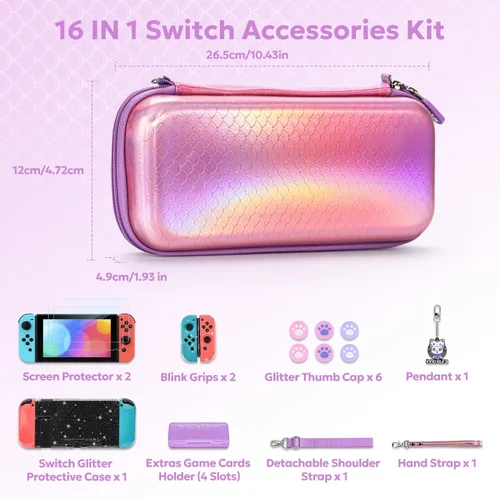 Vista 2 de InnoAura - Funda para interruptor NS, paquetes de accesorios de interruptor 16 en 1 con funda de transporte para interruptor, funda de juego