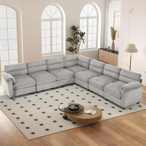 Vista 60 de HAOMARKETS Sofá esquinero modular en forma de L de 115 pulgadas con 2 otomanas móviles, sofás de pana de 8 plazas con cojín grueso para sala de Beige