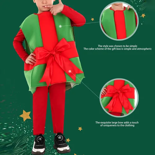 Vista 6 de BULINGNA Caja de regalo de Navidad para niños, disfraz de lazo rojo y verde, caja de regalo sin mangas, chaleco para cosplay para bebés y niñas